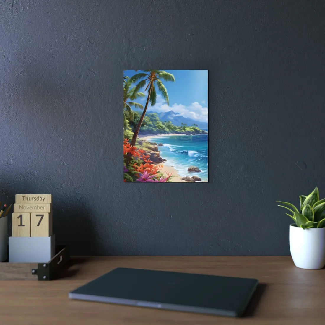 Tropical Paradise: Serene Island Oasis in Tranquil Blue Skies - Metal Poster
