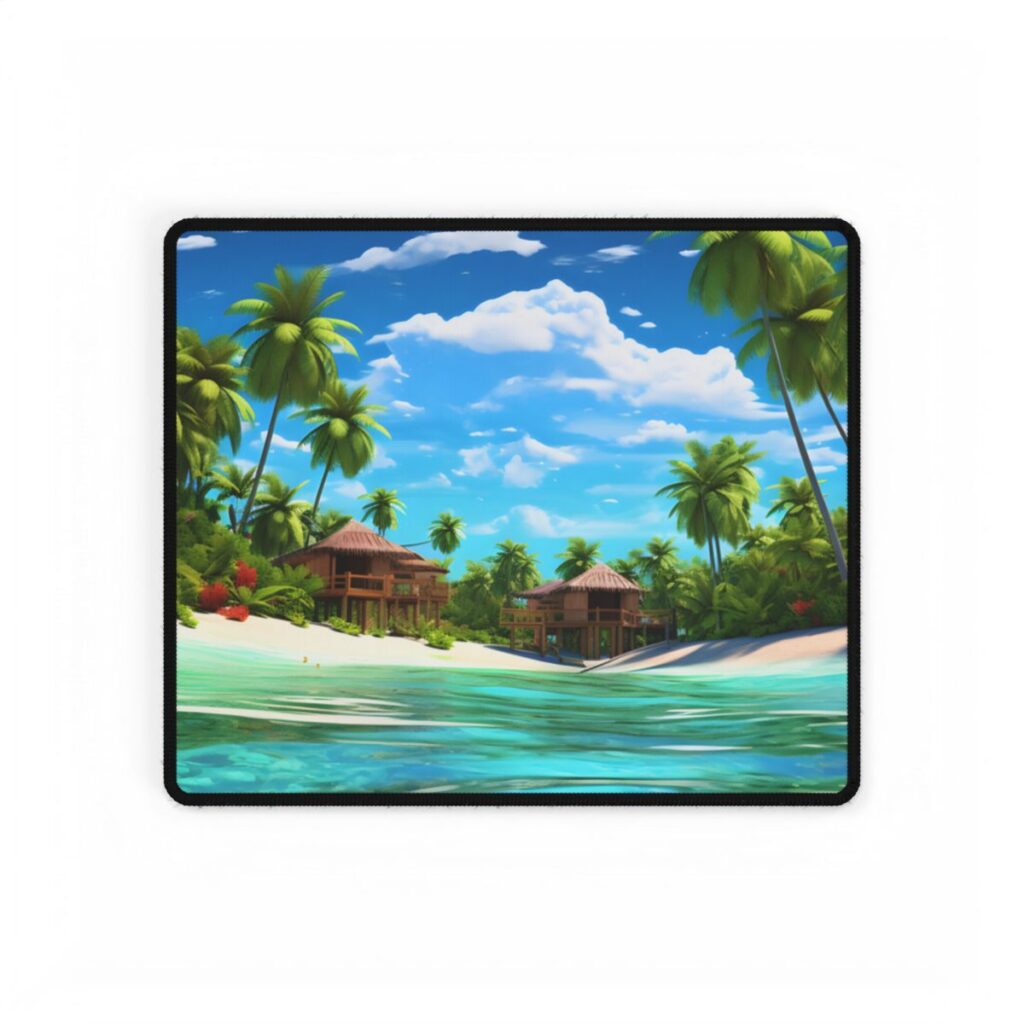 Tropical Paradise: Tranquil Lagoon and Palm Trees Art - Desk Mat