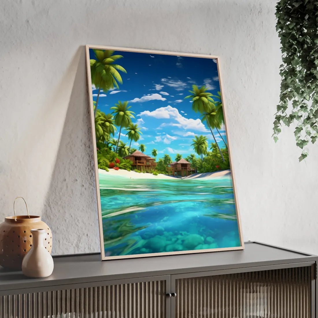 Tropical Paradise: Tranquil Lagoon and Palm Trees Art - Framed Poster