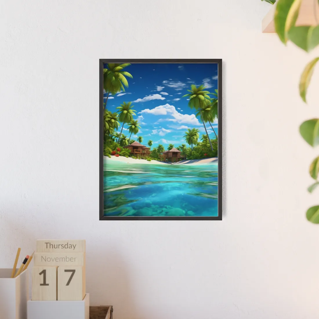 Tropical Paradise: Tranquil Lagoon and Palm Trees Art - Framed Poster