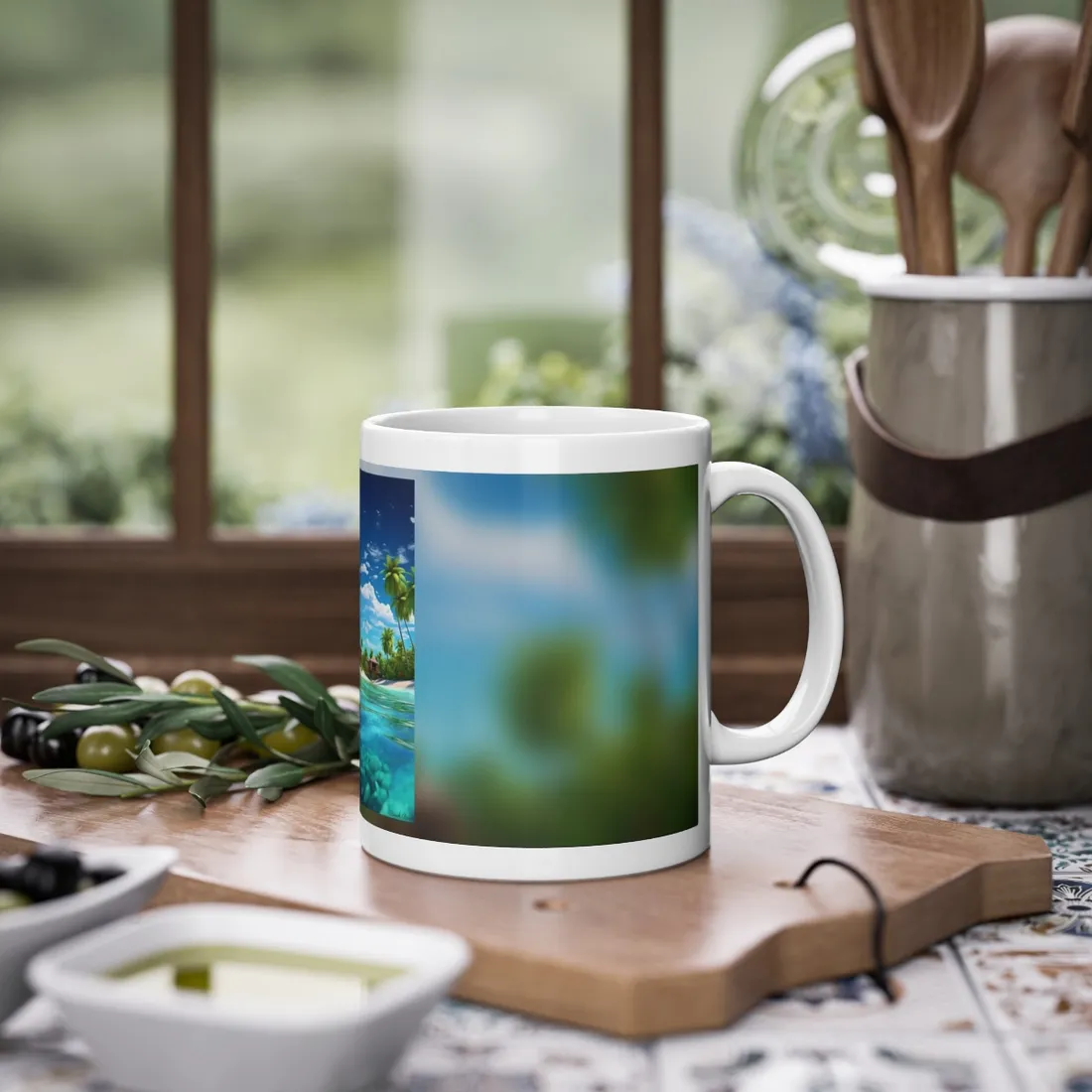 Tropical Paradise: Tranquil Lagoon and Palm Trees Art - Mug