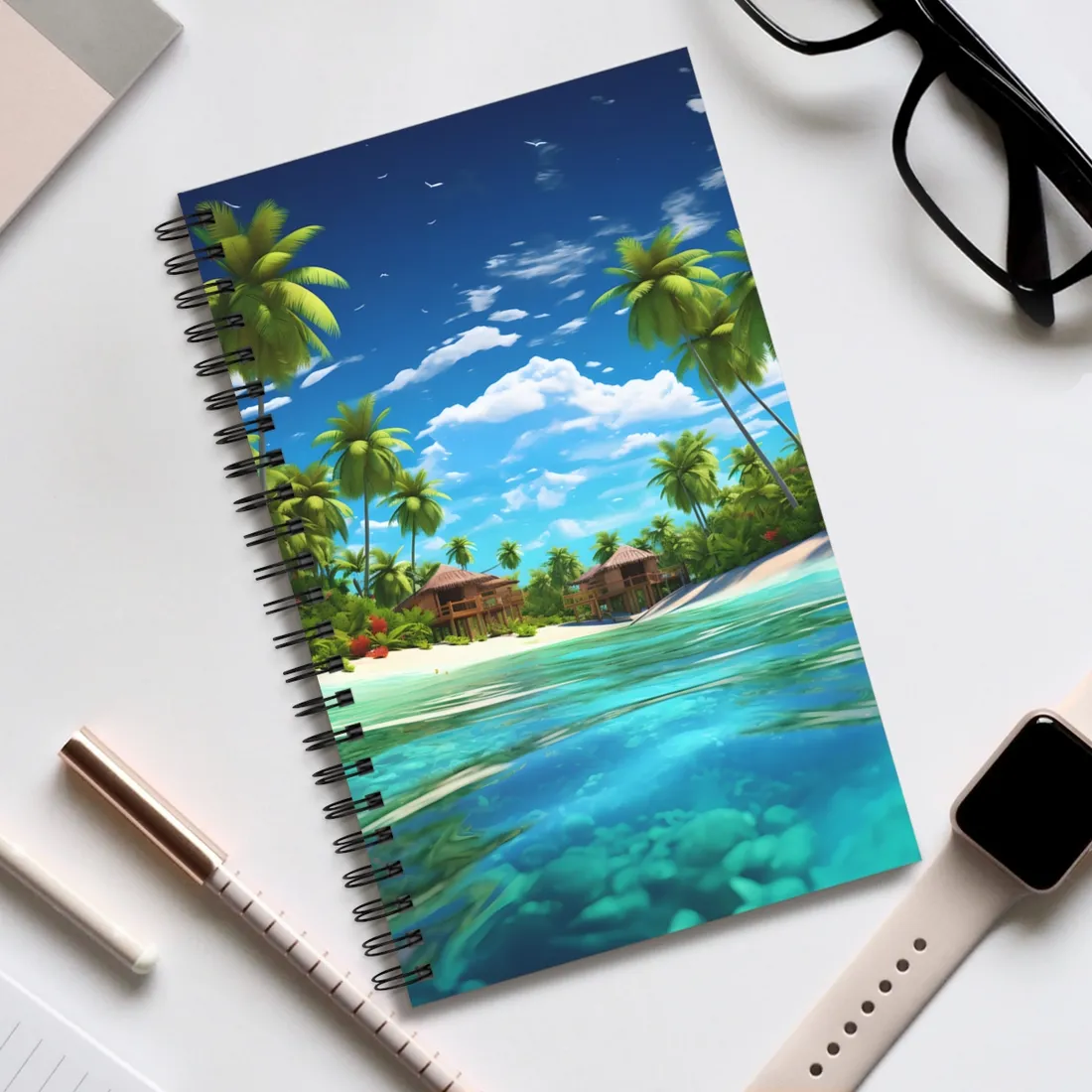 Tropical Paradise: Tranquil Lagoon and Palm Trees Art - Spiral Notebook