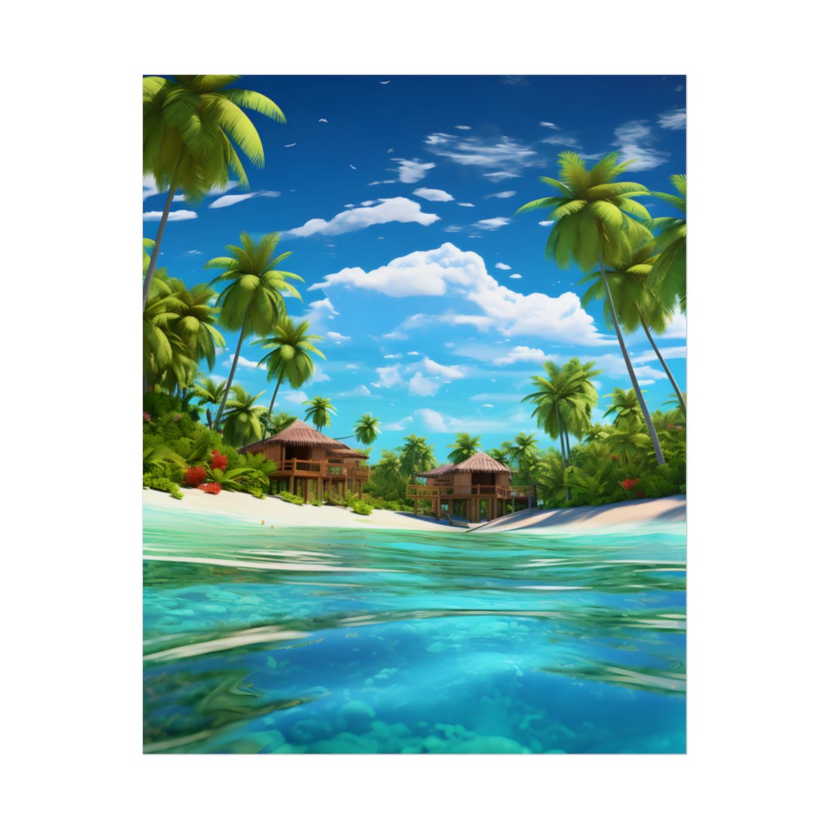 Tropical Paradise: Tranquil Lagoon and Palm Trees Art - Poster