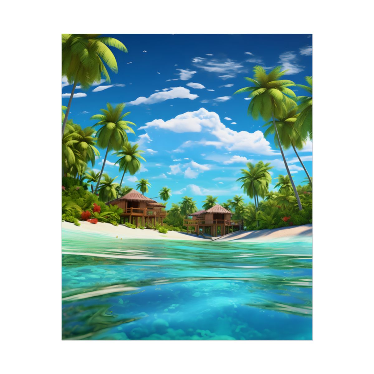 Tropical Paradise: Tranquil Lagoon and Palm Trees Art - Poster