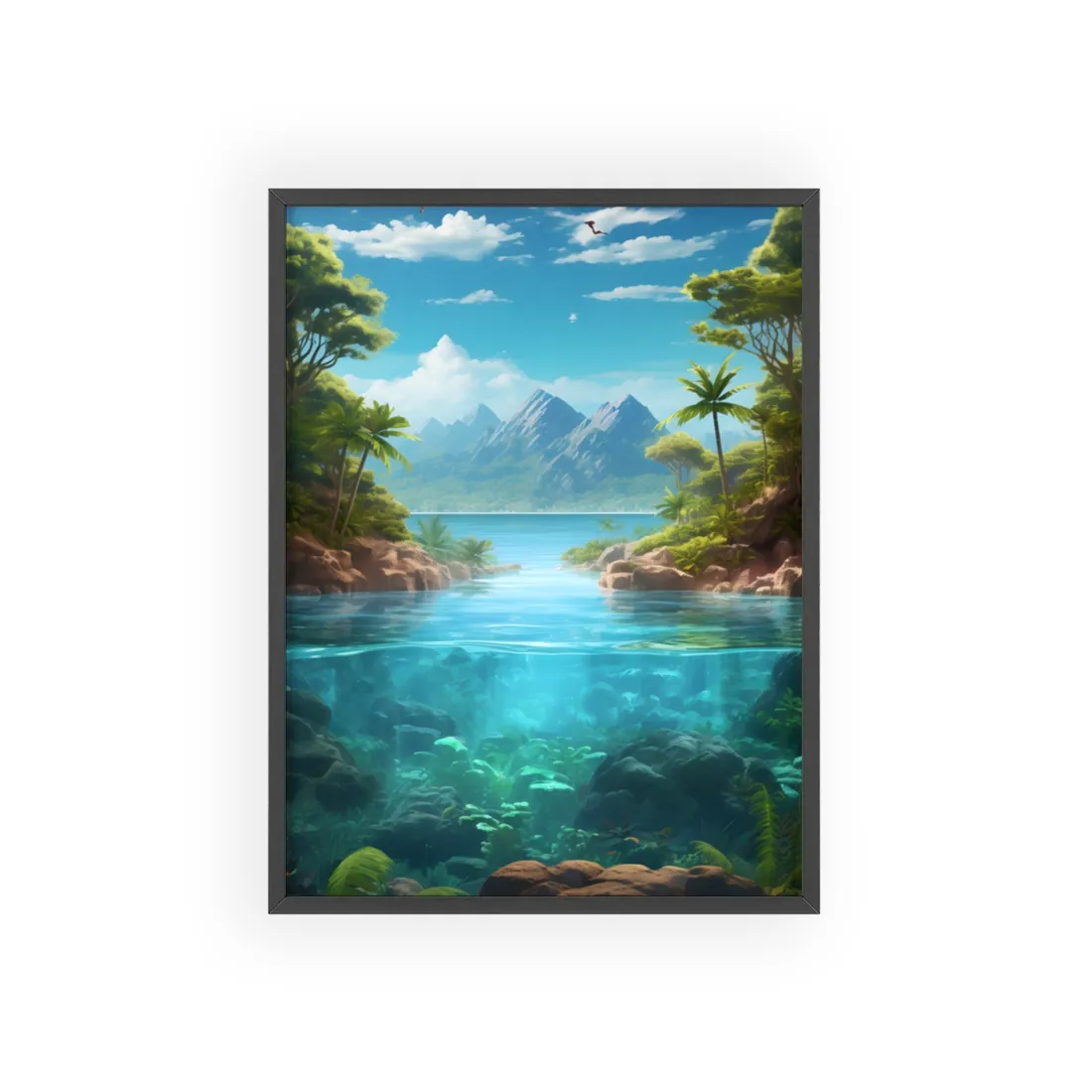 Tropical Tranquility: Serene Lagoon Island Art - Framed Poster