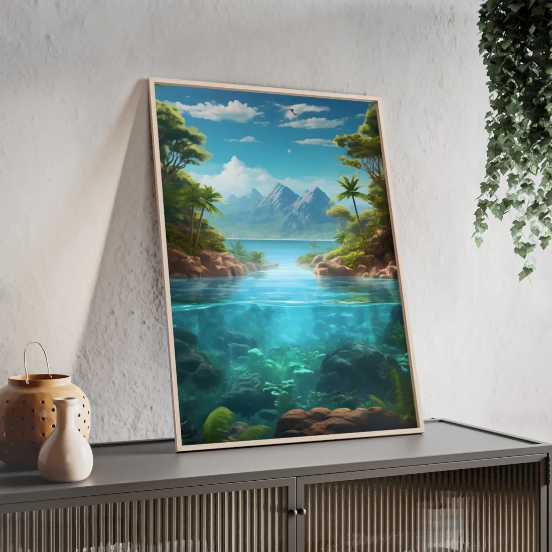 Tropical Tranquility: Serene Lagoon Island Art - Framed Poster