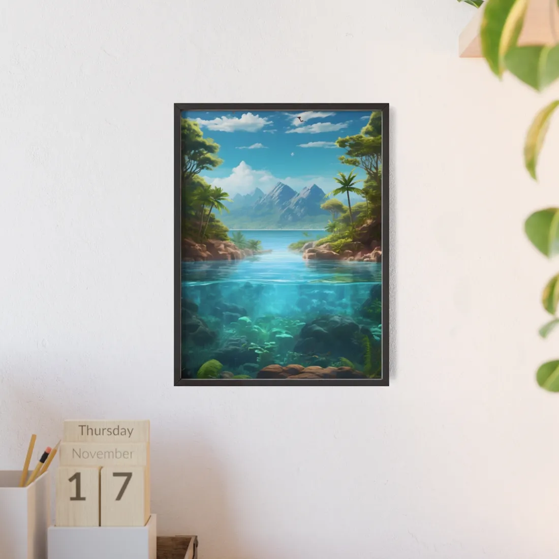 Tropical Tranquility: Serene Lagoon Island Art - Framed Poster