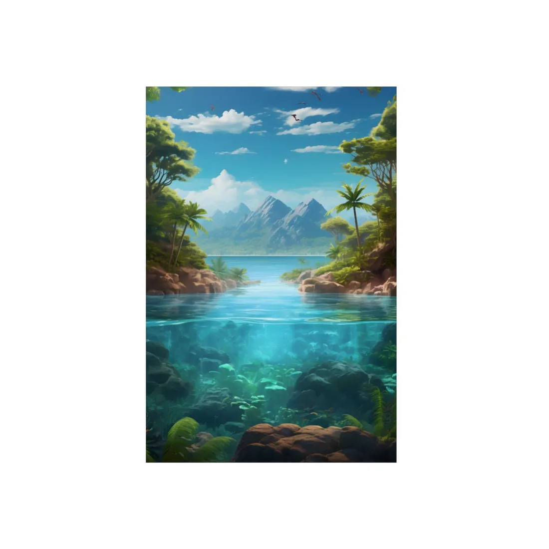 Tropical Tranquility: Serene Lagoon Island Art - Metal Poster