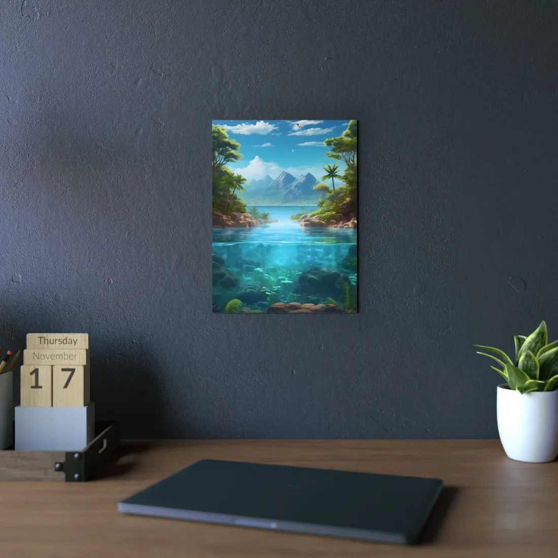 Tropical Tranquility: Serene Lagoon Island Art - Metal Poster