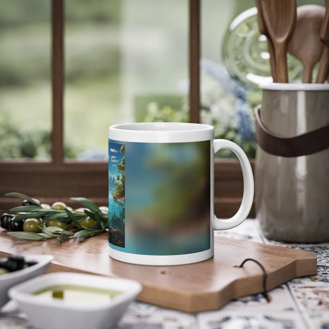 Tropical Tranquility: Serene Lagoon Island Art - Mug