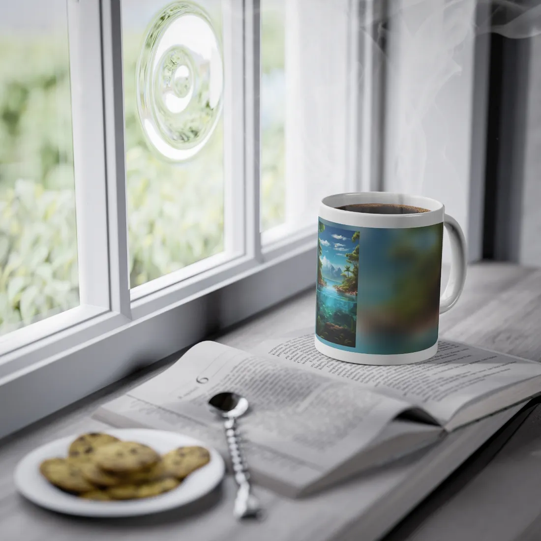 Tropical Tranquility: Serene Lagoon Island Art - Mug
