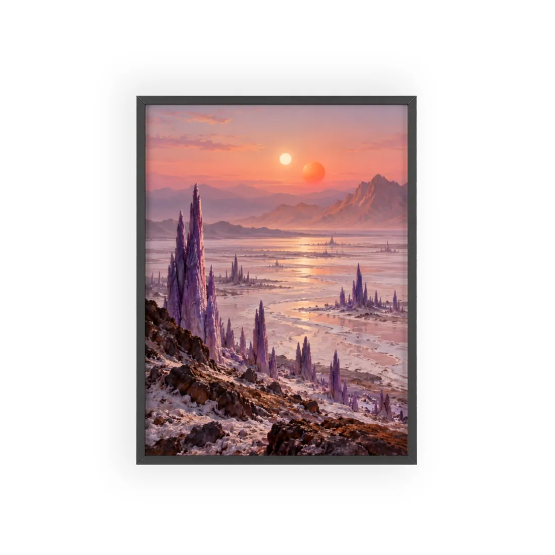 Purple crystal spires rise from a salt flat beneath two setting suns – Framed Poster, view 1