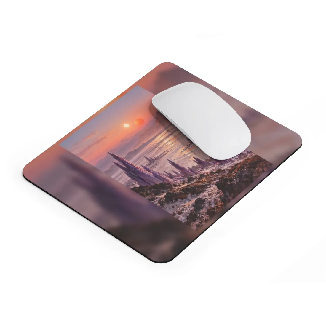 Purple crystal spires rise from a salt flat beneath two setting suns – Mouse Pad, view 2
