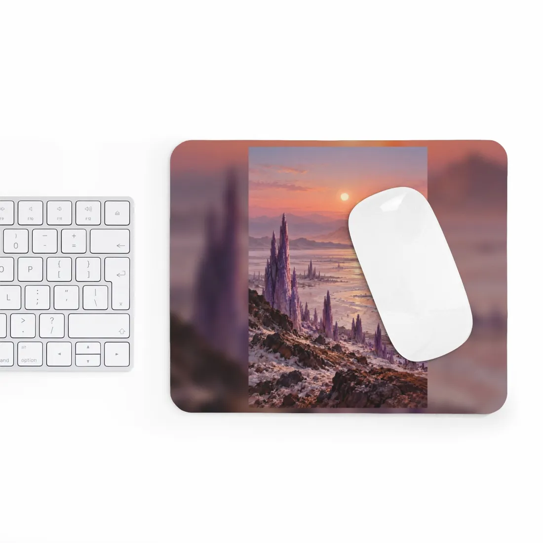 Purple crystal spires rise from a salt flat beneath two setting suns – Mouse Pad, view 3