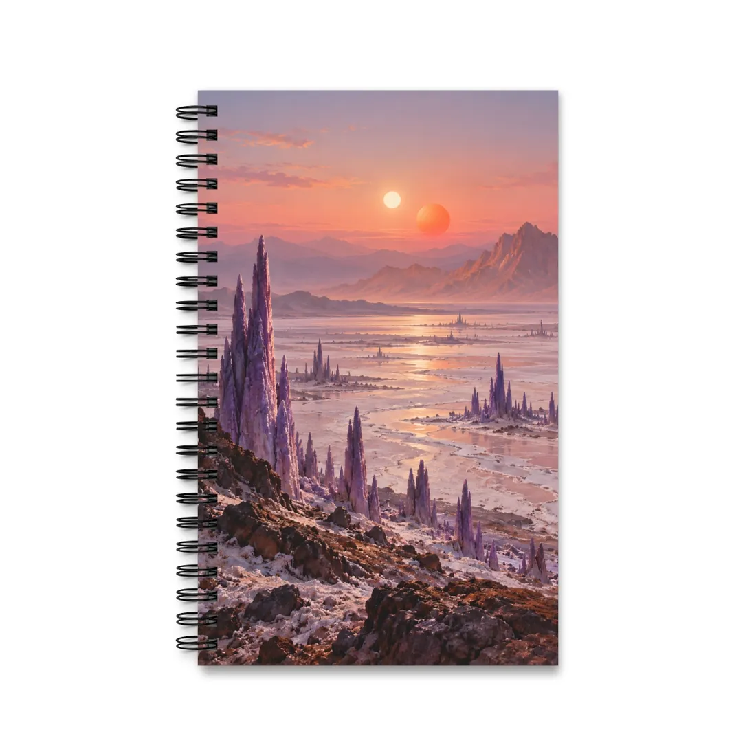 Purple crystal spires rise from a salt flat beneath two setting suns – Spiral Notebook, view 1