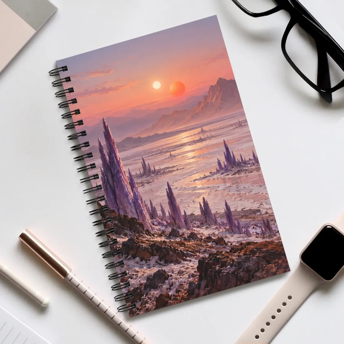 Purple crystal spires rise from a salt flat beneath two setting suns – Spiral Notebook, view 2