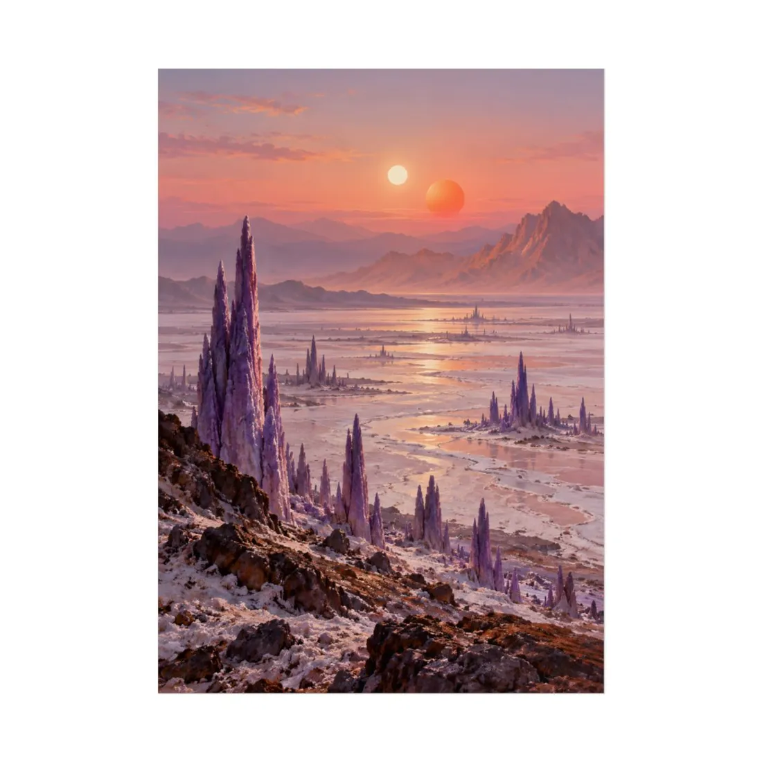 Purple crystal spires rise from a salt flat beneath two setting suns – Poster, view 1