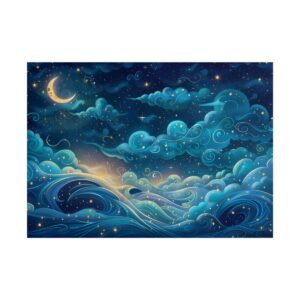Crescent Moon over Night Waves Poster