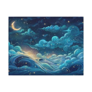 Crescent Moon over Night Waves Canvas Print