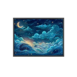 Crescent Moon over Night Waves Framed Poster