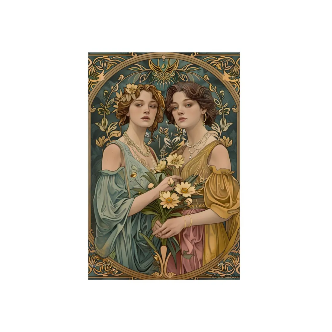 Two Women in Ornate Attire: Art Nouveau Floral - Metal Poster