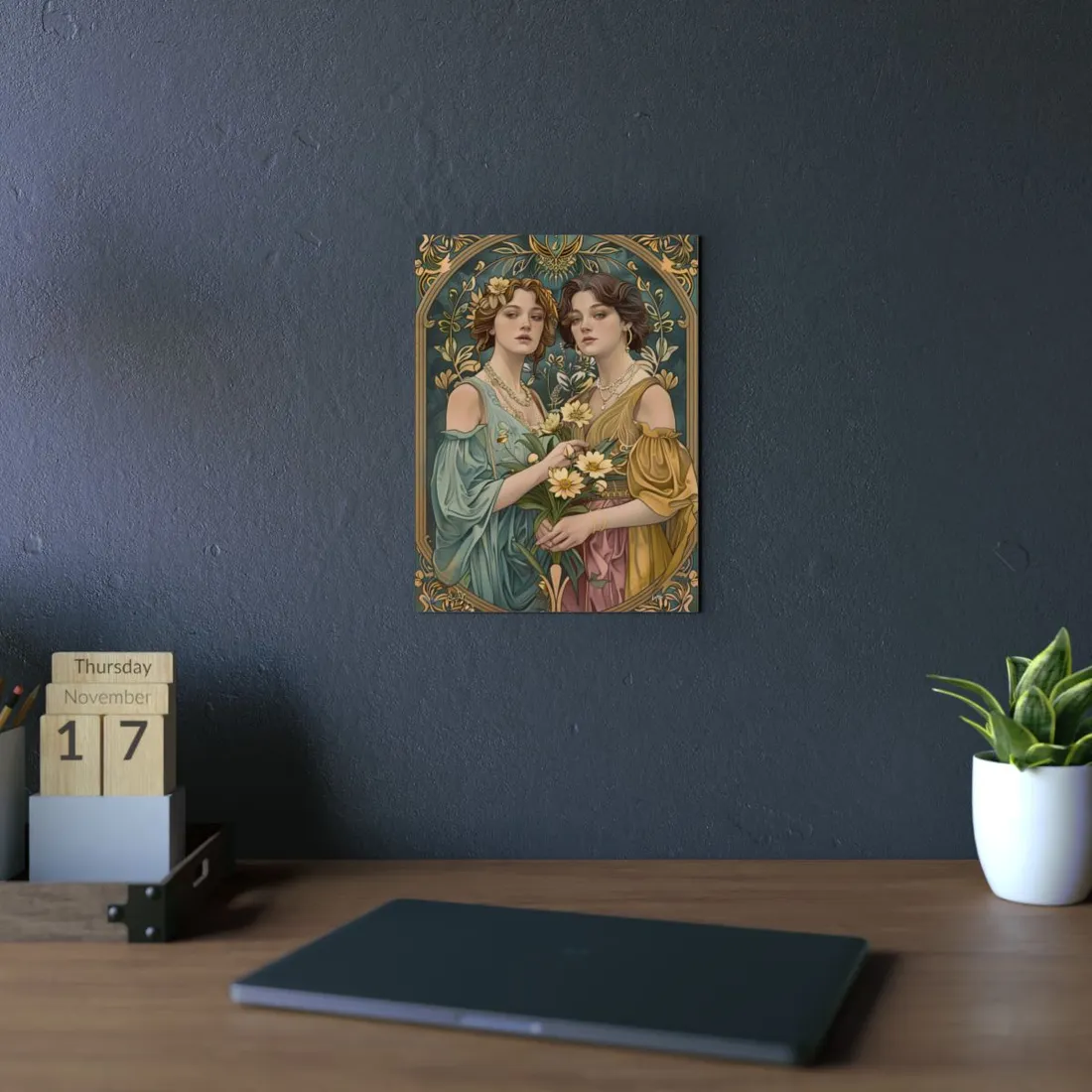 Two Women in Ornate Attire: Art Nouveau Floral - Metal Poster