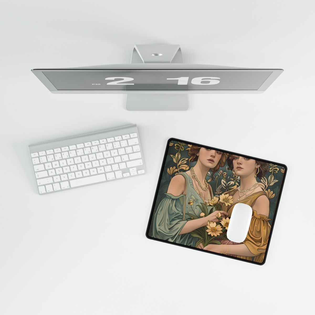 Two Women in Ornate Attire Holding Primr: Traditional Turkish Artwork - Desk Mat
