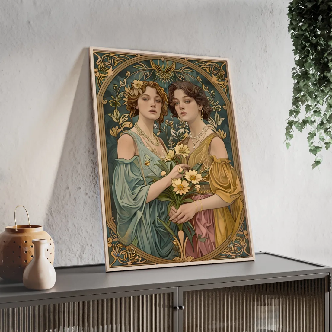 Two Women in Ornate Attire Holding Primr: Traditional Turkish - Framed Poster