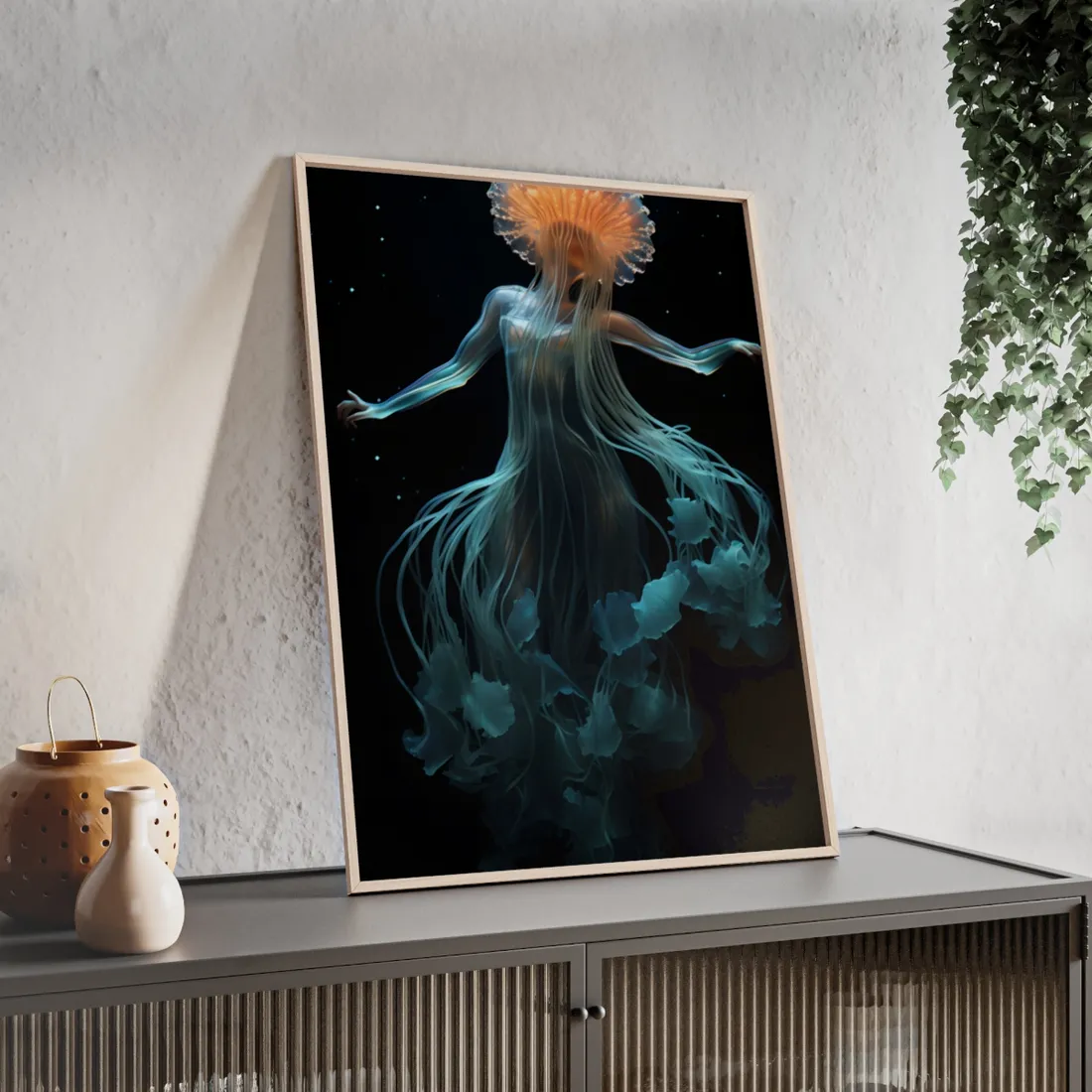 Underwater ballet of luminescent beauty: A dance in motion with oceanic harmony - Framed Poster