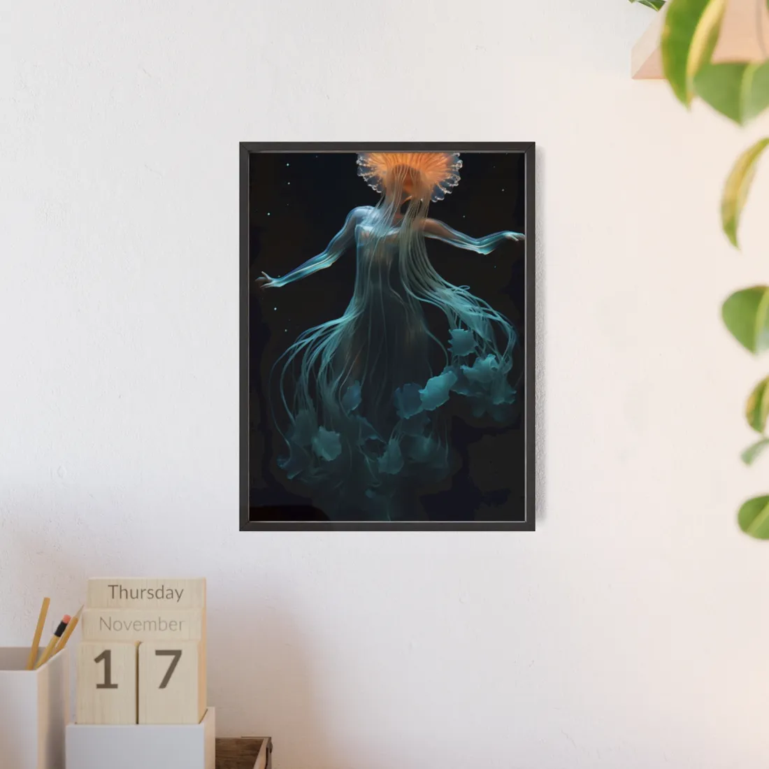 Underwater ballet of luminescent beauty: A dance in motion with oceanic harmony - Framed Poster