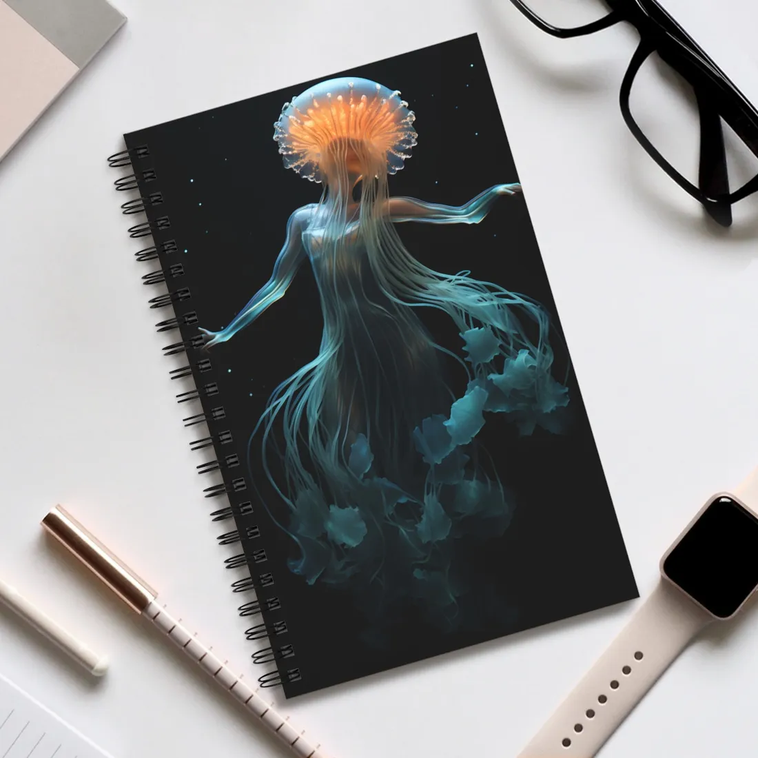 Underwater ballet of luminescent beauty: A dance in motion with oceanic harmony - Spiral Notebook
