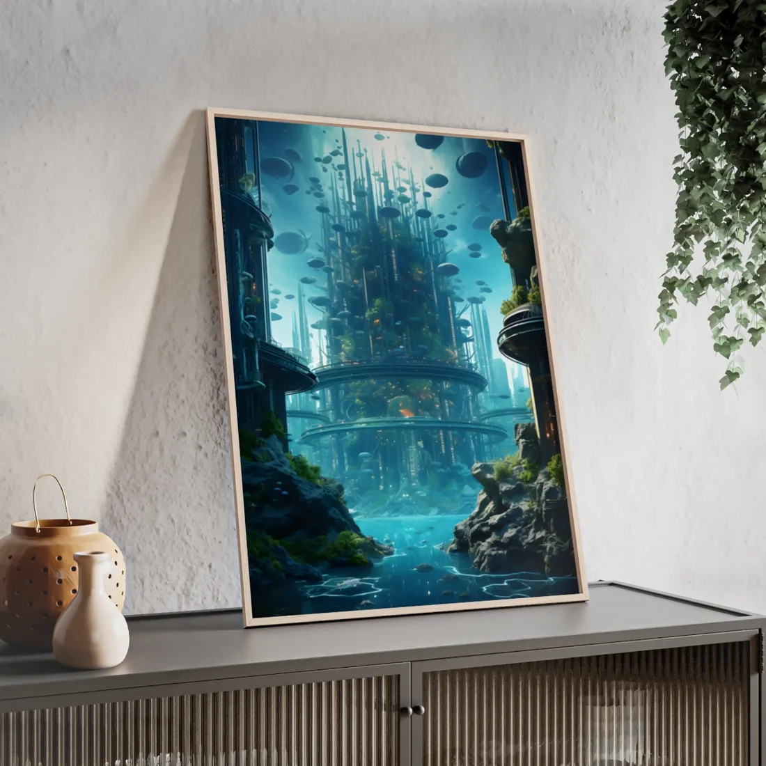 Underwater City: Futuristic Metropol in Calm Waters - Framed Poster