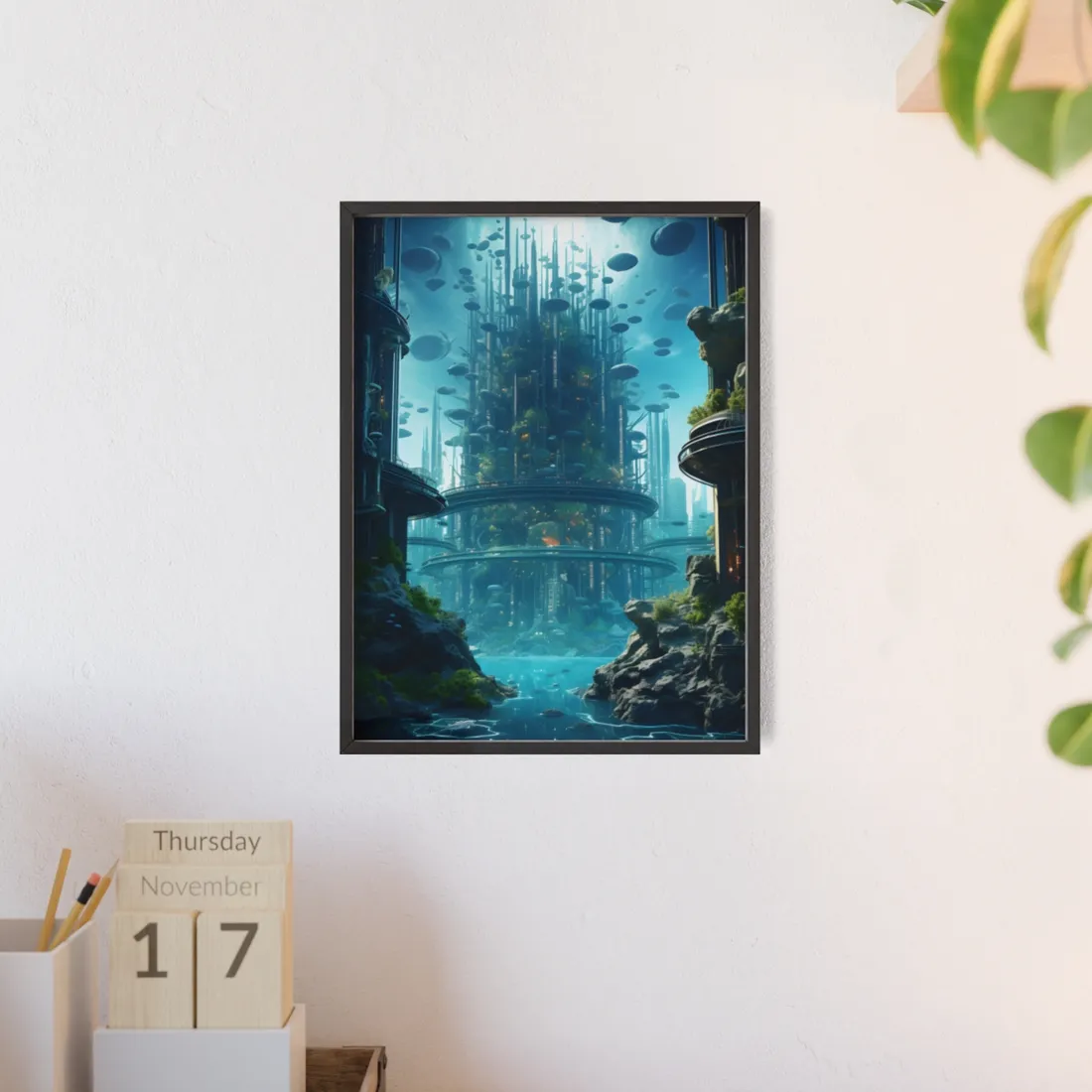 Underwater City: Futuristic Metropol in Calm Waters - Framed Poster