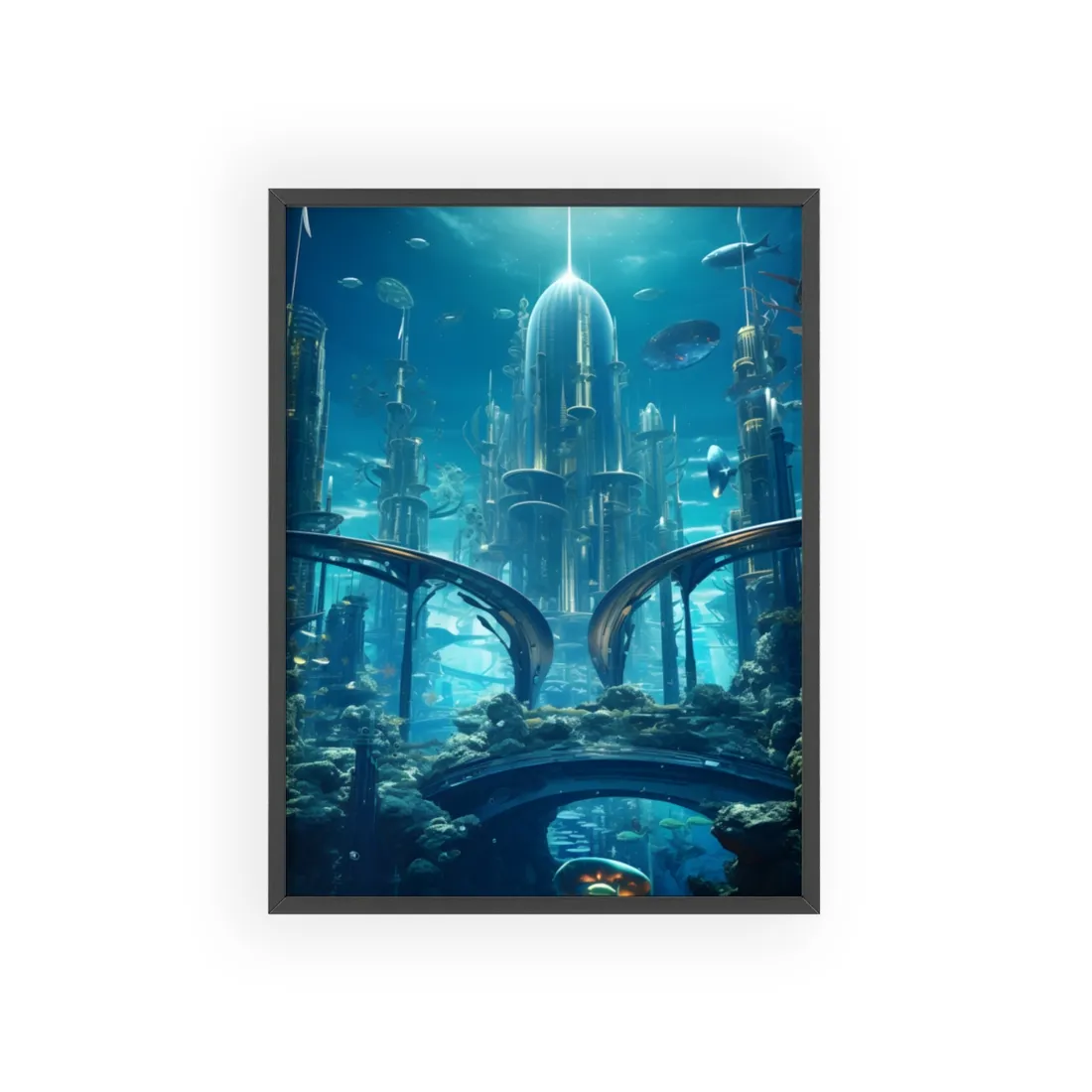 Underwater City of the Future: Sleek Modern Architecture - Framed Poster