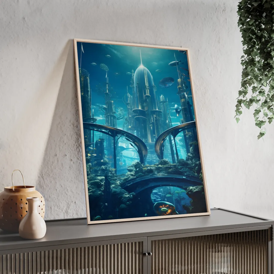 Underwater City of the Future: Sleek Modern Architecture - Framed Poster