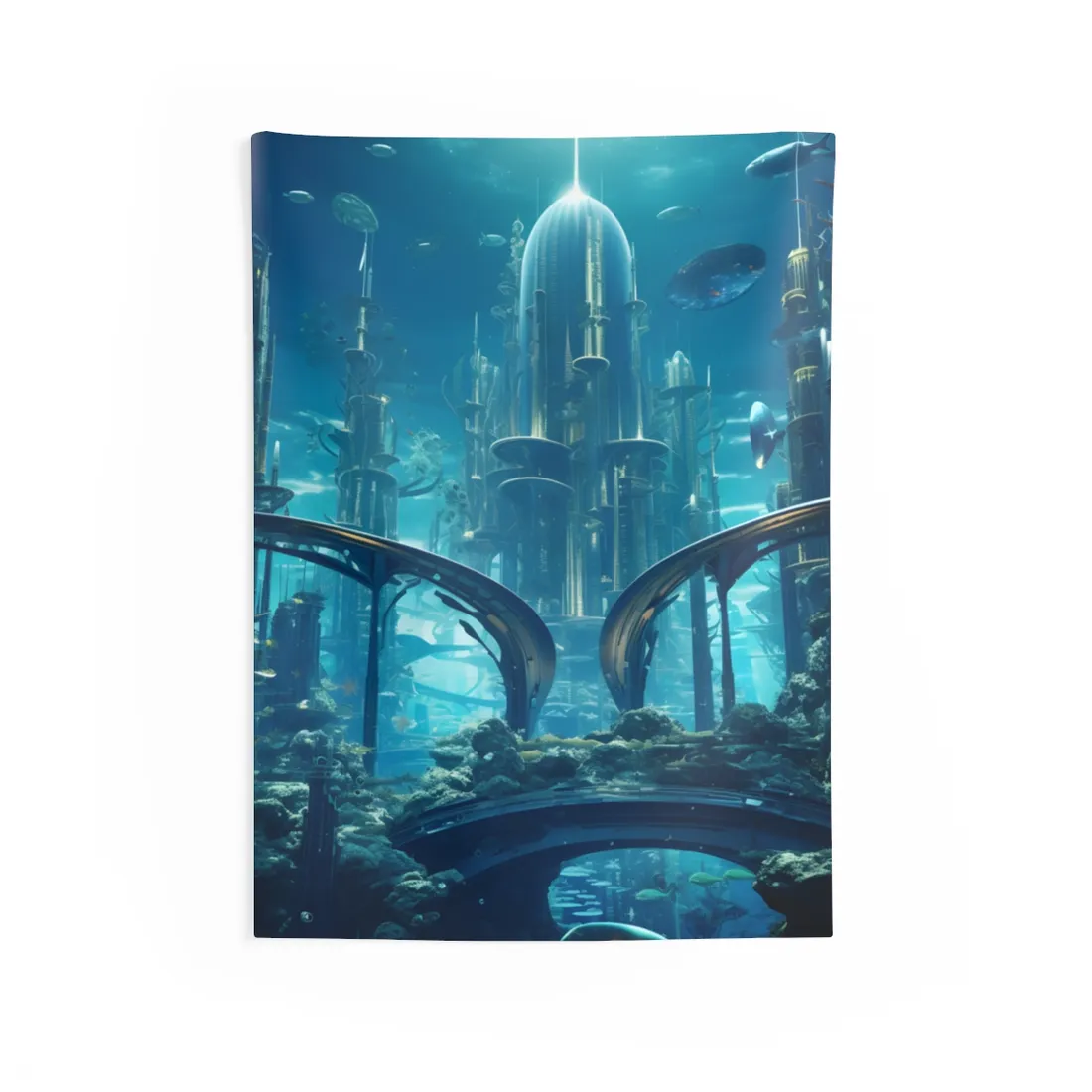 Underwater City of the Future: Sleek Modern Architecture - Wall Tapestry