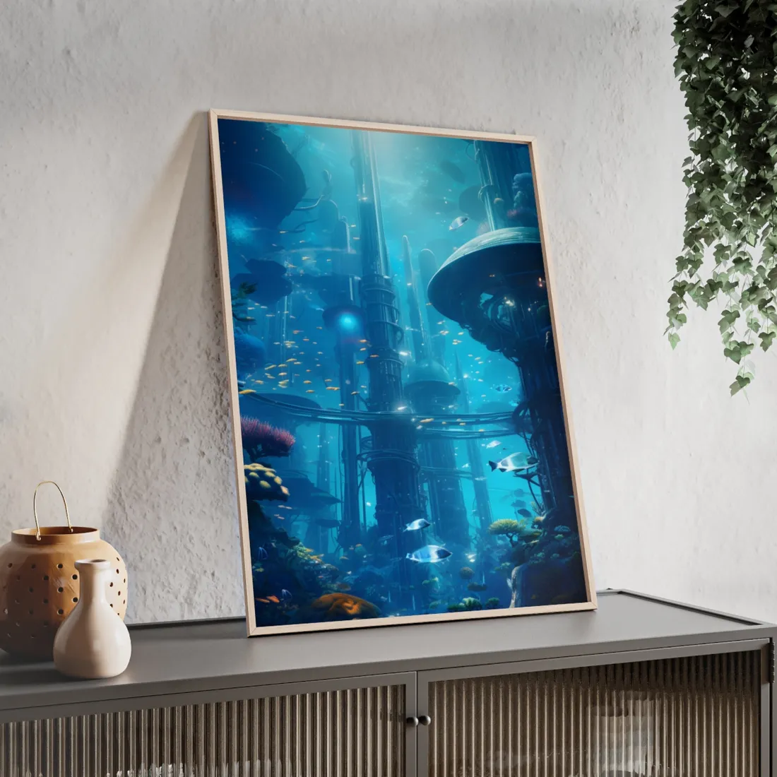 Underwater City of the Future: Submerged Metropolis - Framed Poster