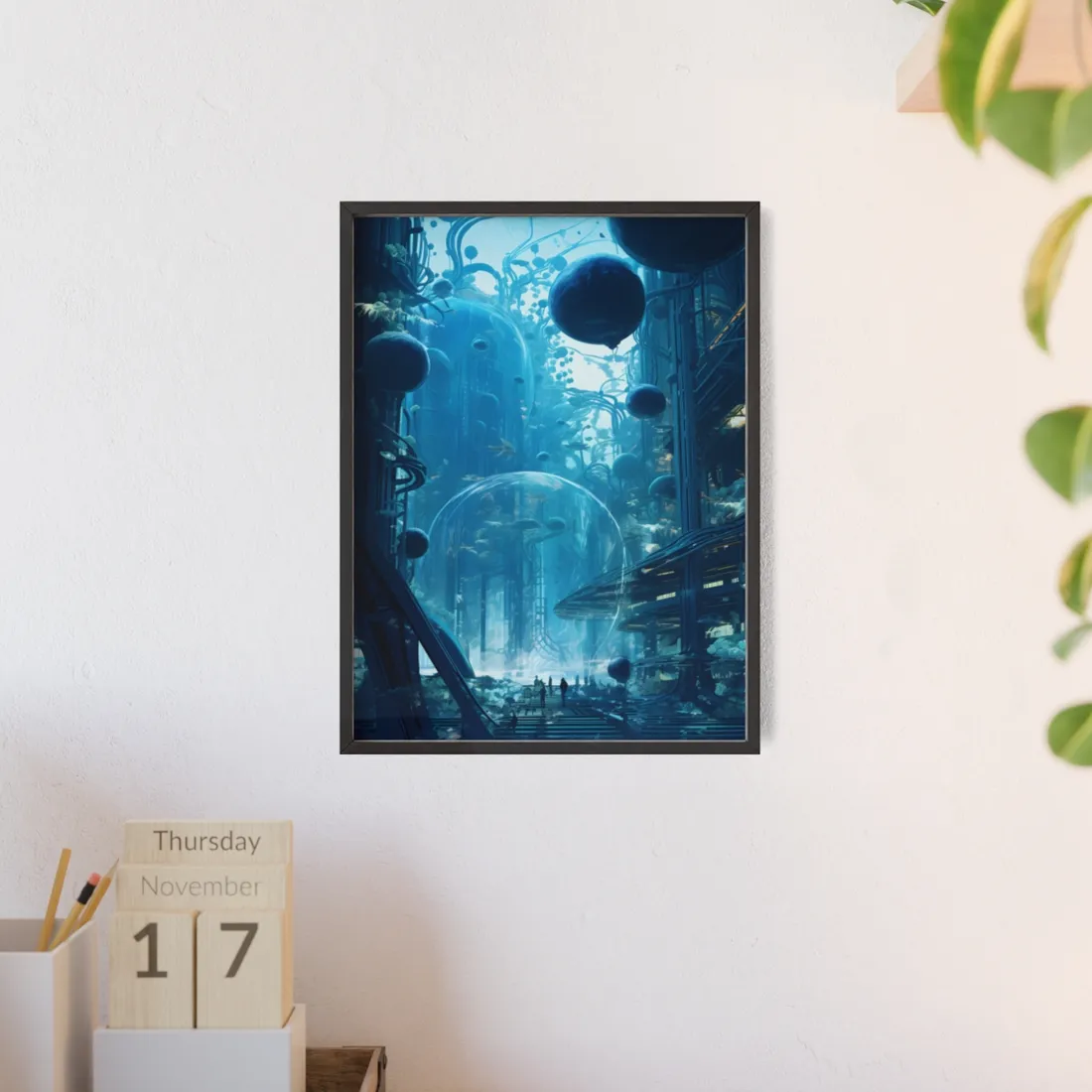 Underwater City of the Future: Sustainable Living in Harmony with Nature - Framed Poster