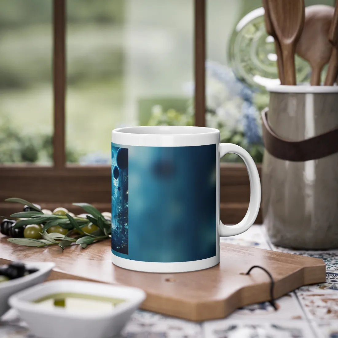 Blue futuristic city with floating spheres, glass dome, and tiny figures below – Mug, view 2