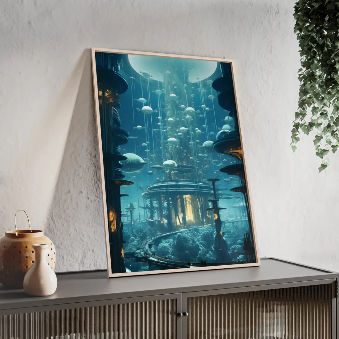 Underwater City of Tomorrow: Futuristic Urban Landscape Art - Framed Poster