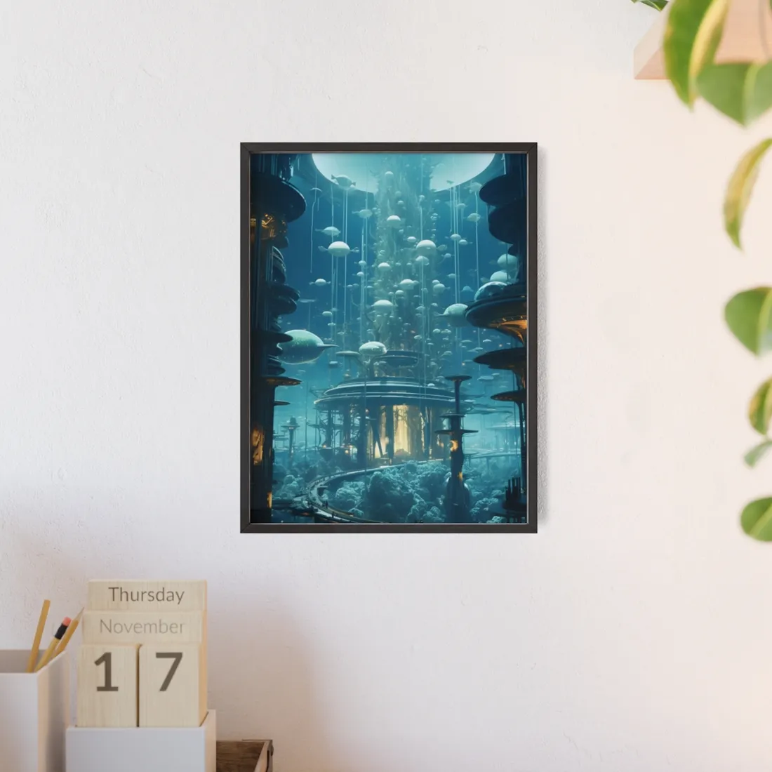 Underwater City of Tomorrow: Futuristic Urban Landscape Art - Framed Poster