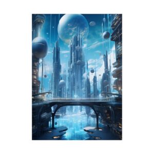 Futuristic City with Floating Spheres Poster
