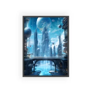 Futuristic City with Floating Spheres Framed Poster