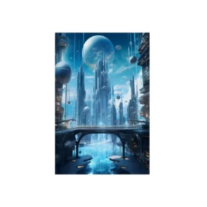 Futuristic City with Floating Spheres Metal Poster