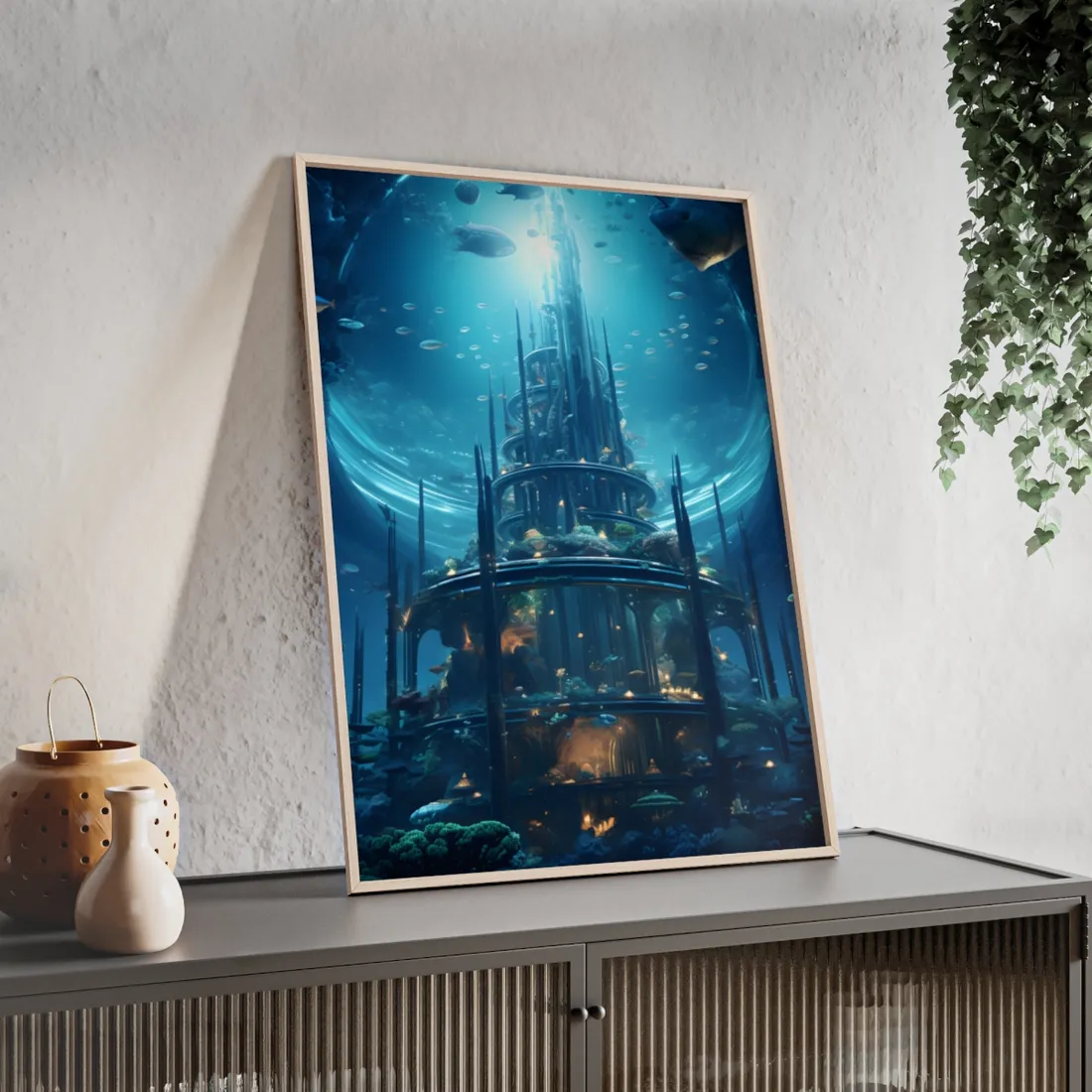 Underwater Futuristic City: Dark Aquatic Metropolis - Framed Poster