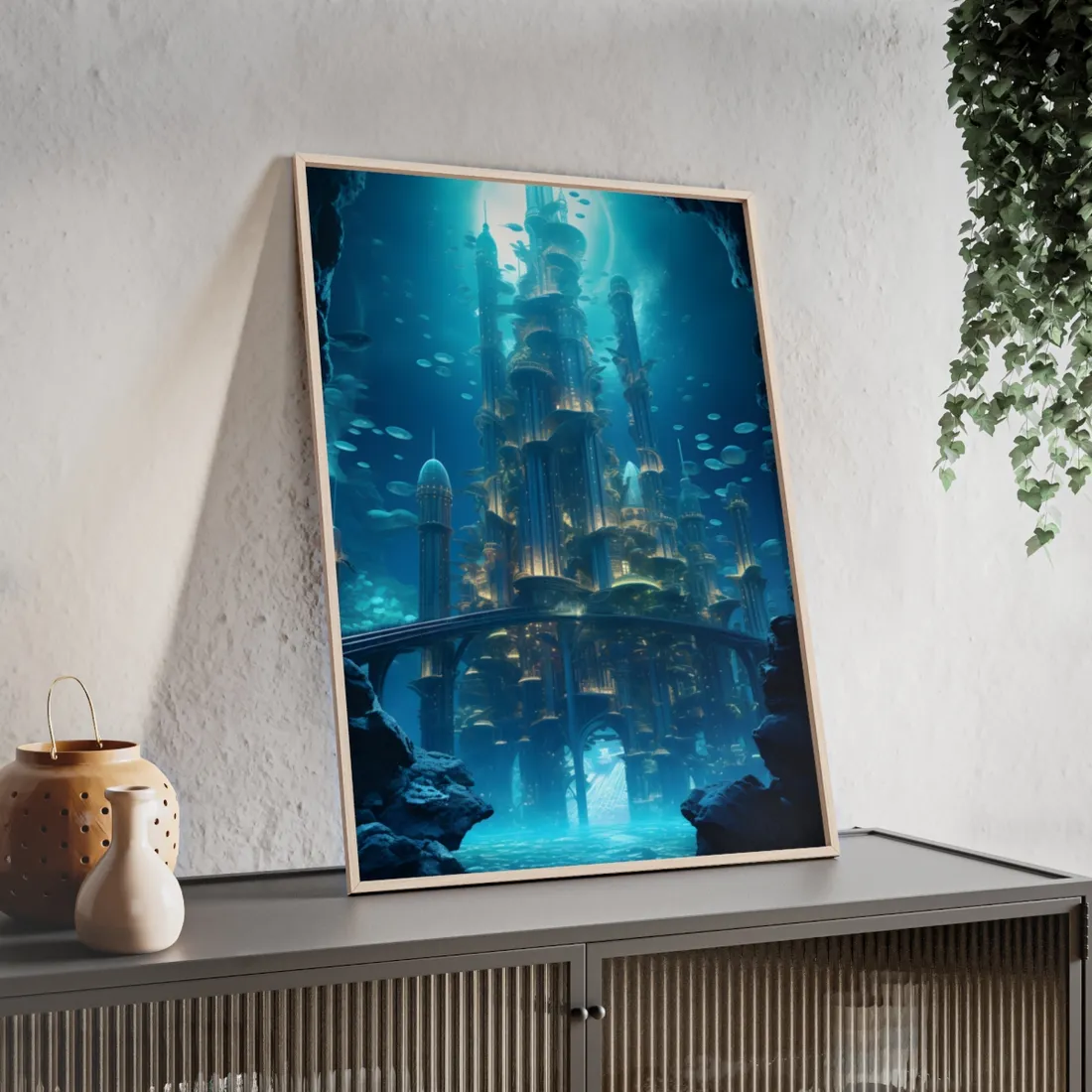Underwater Futuristic City: Diving into Tomorrow's Metropolis - Framed Poster
