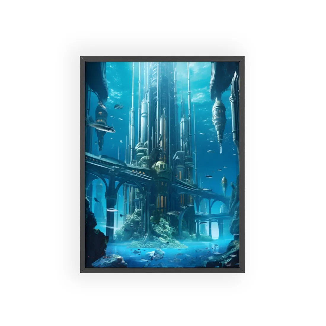 Underwater Futuristic City: Submerged Metropol Digital Art - Framed Poster