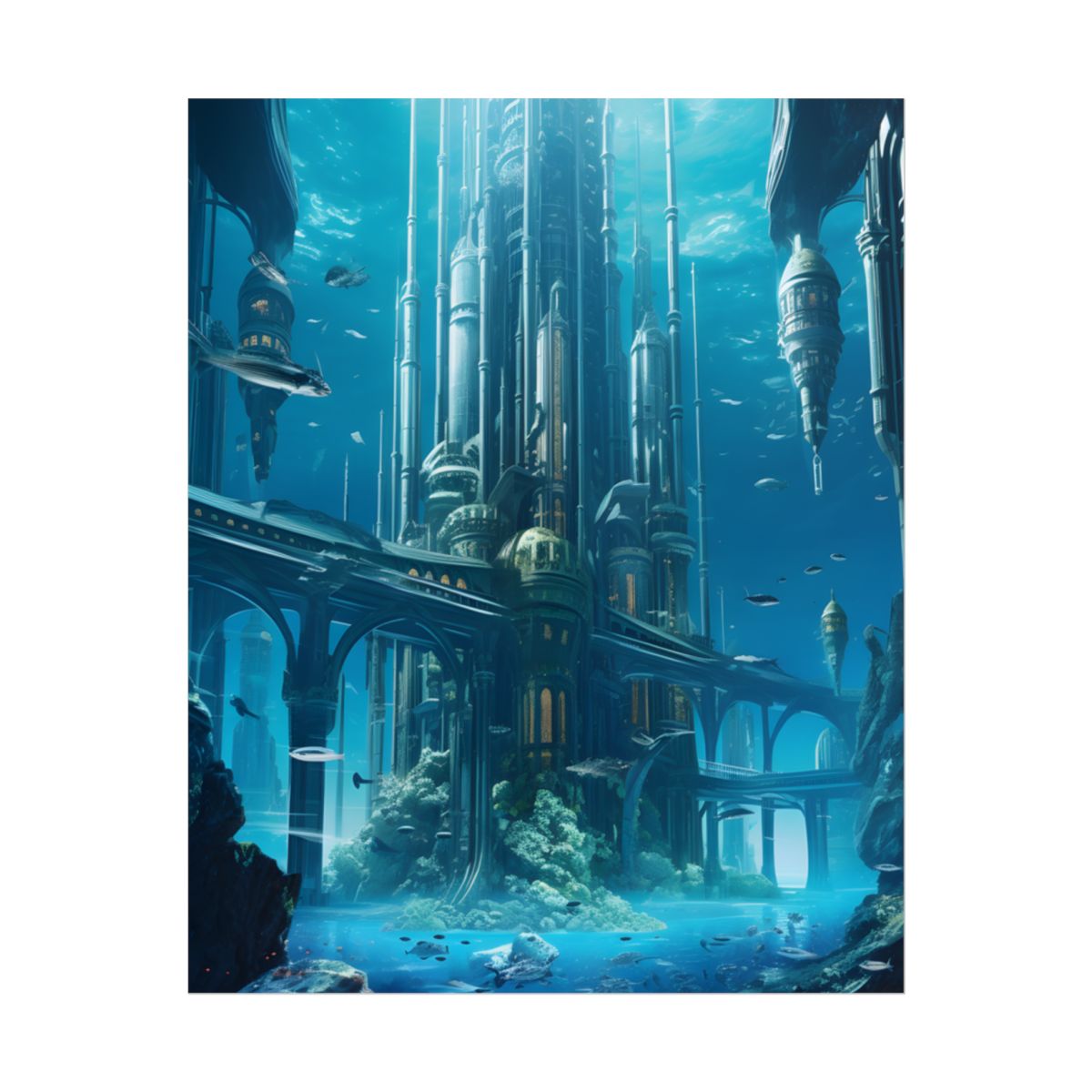 Underwater Futuristic City: Submerged Metropol Digital Art - Poster