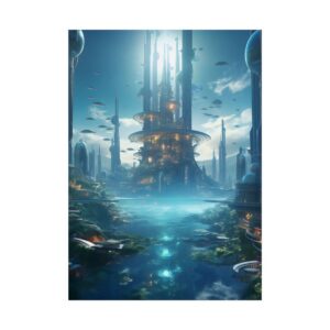 Futuristic City Above Turquoise Lagoon Poster
