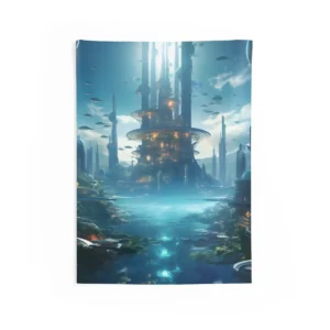 Futuristic City Above Turquoise Lagoon Wall Tapestry